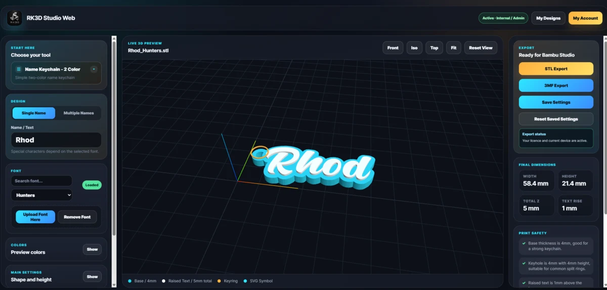 RK3D Studio Name Keychain 2 Color preset preview