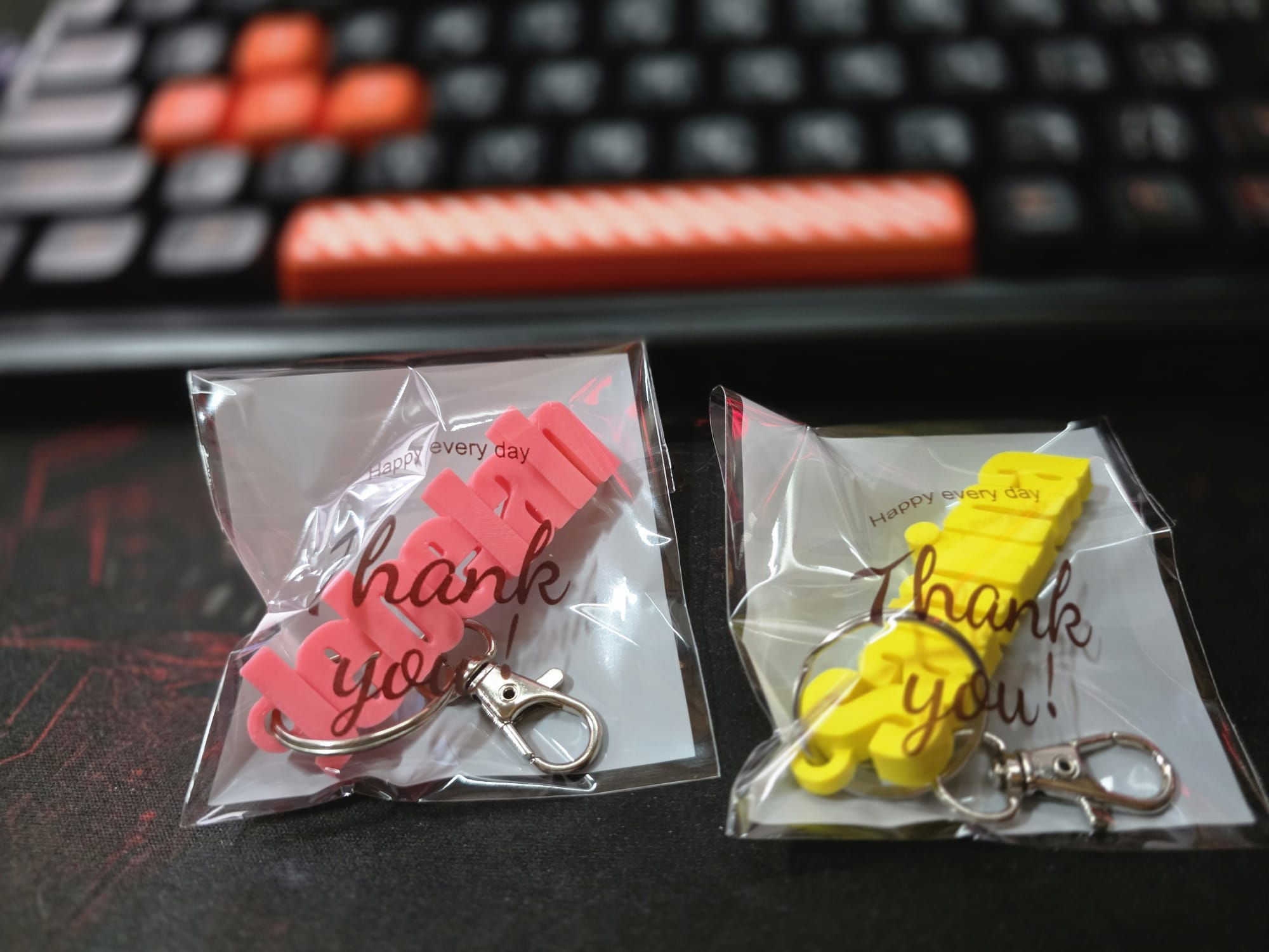 Packed 3D printed keychains ready for customer orders