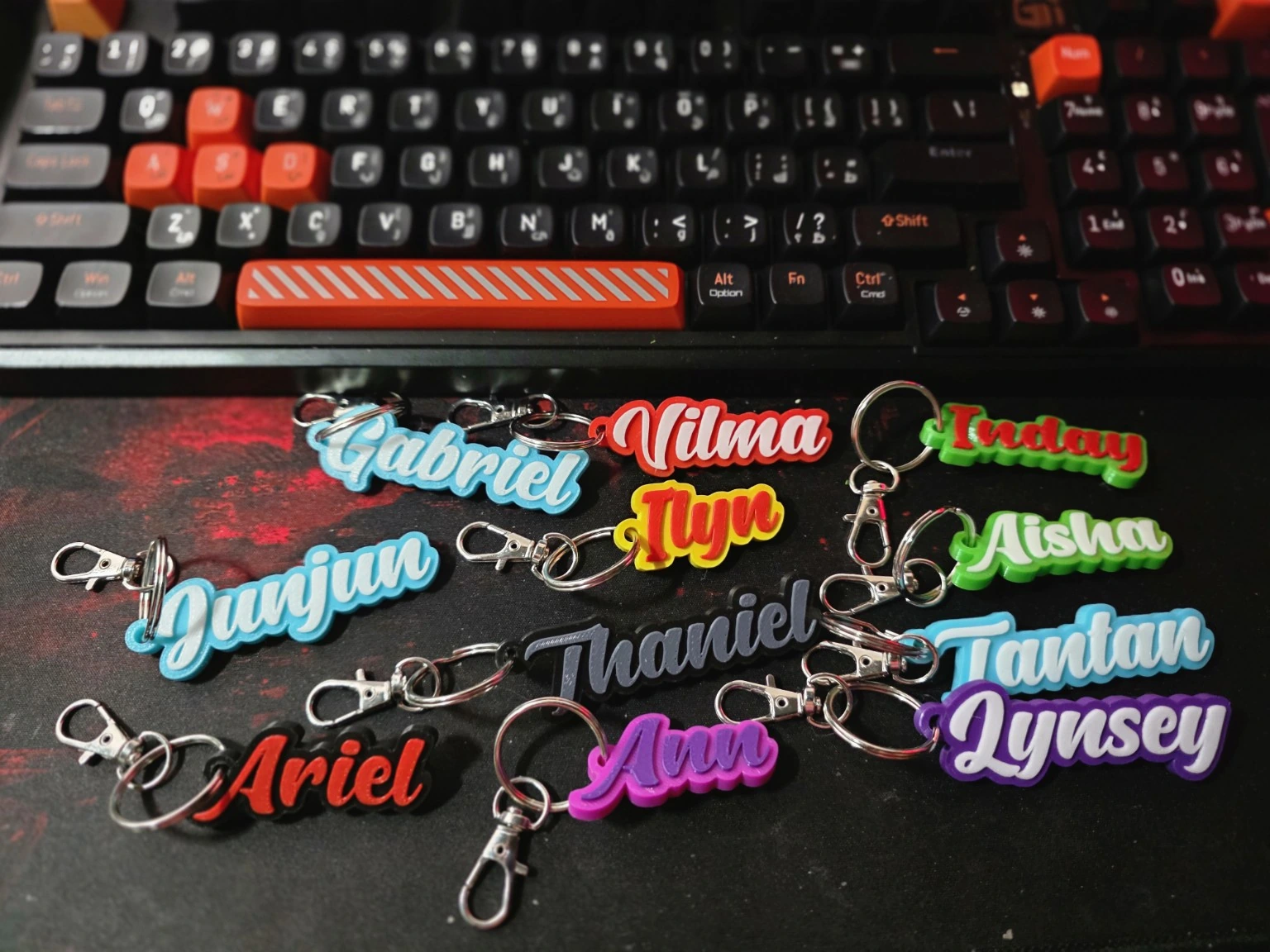 Colorful personalized 3D printed name keychains
