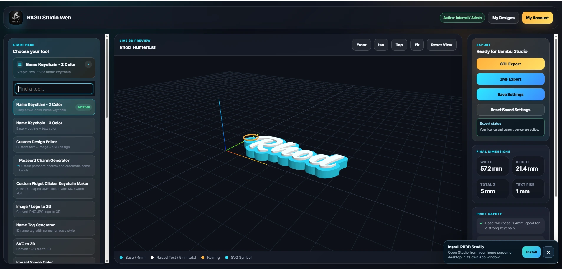 RK3D Studio 3 Color keychain workspace overview